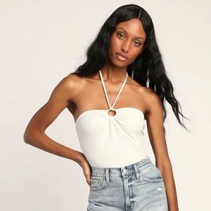 NEW White Ribbed Keyhole Halter Crop Top